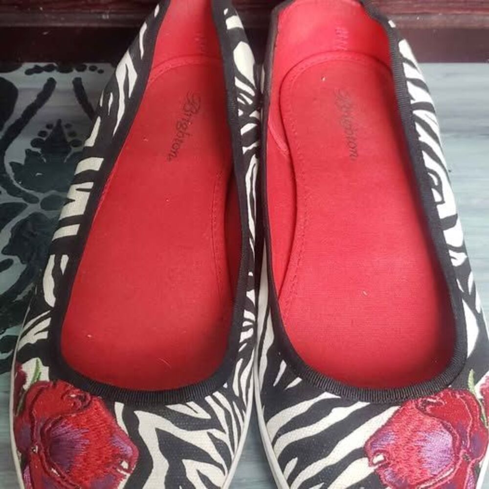 Brighton Zebra Print Embroidered Rose Canvas Slip On Flats 8